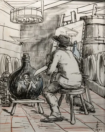 Self Portrait Of The Artist Painting In The Cellar