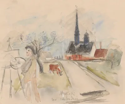 Self Portrait Of The Artist Painting In The Open In A Small Town