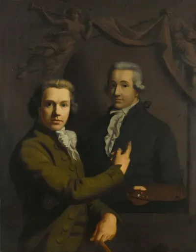 Self Portrait Pointing At A Portrait Of The Artists Deceased Colleague Dirk Jacobsz Ploegsma 1769 91