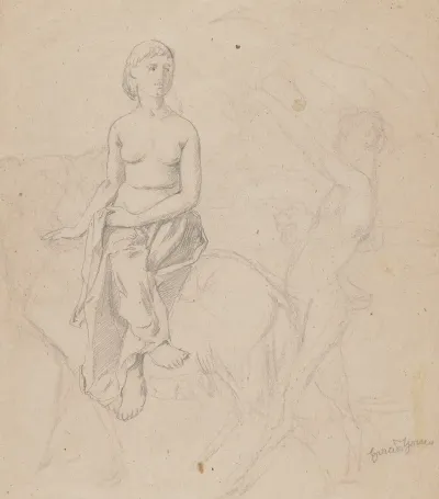 Semi Naked Female Riding A Goat And A Faun Next To Her