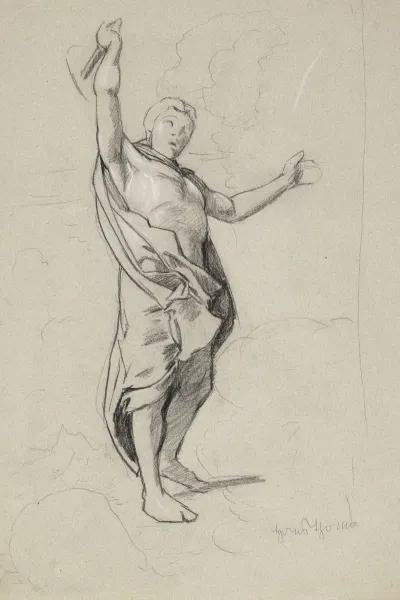 Semi Nude Man Wrapped In A Coat Standing Among The Clouds With A Hammer In His Right Hand