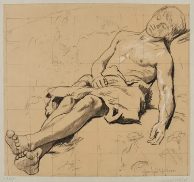 Semi Nude Shepherd In A Leather Loincloth Sleeping In A Meadow