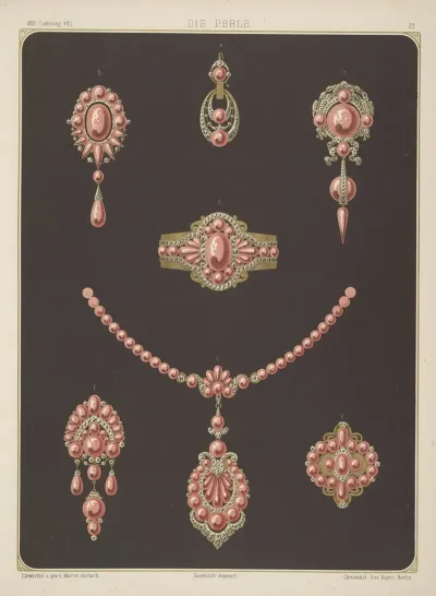 Seven Designs For Jewelry Including Bracelets Earrings And Necklace With Pink Pearls