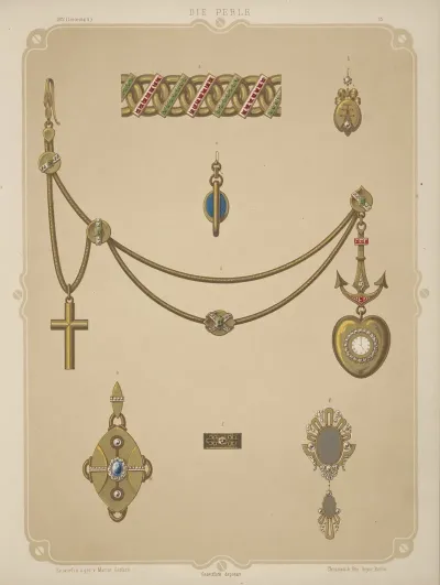 Seven Designs For Jewelry Including Heart Shaped Pendant Watch On Gold Anchor With Gold Chain And Cross