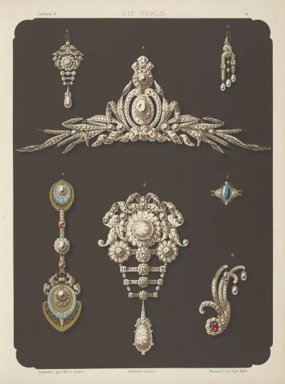 Seven Designs For Jewelry Including Large Pearl And Diamond Brooch