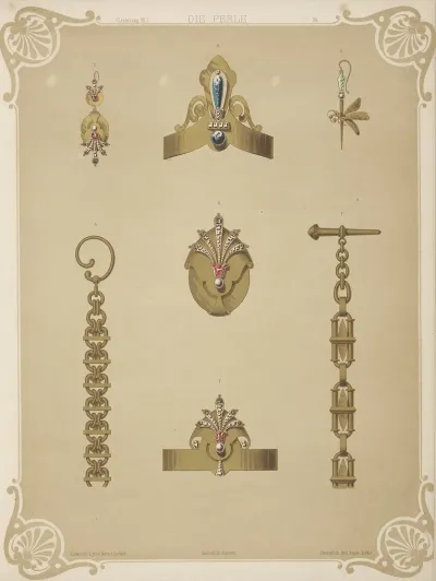 Seven Designs For Jewelry Including Pointed Gold Armband With Blue Stones