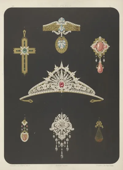 Seven Designs For Jewelry Including Tiara With Red Stone