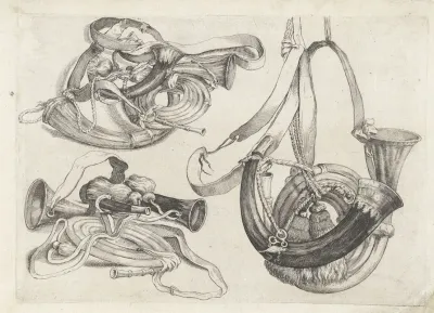Seven Hunting Horns Of Various Shapes With Cords And Straps Attached