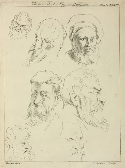 Seven Male Heads All With Beards Two Wearing Caps