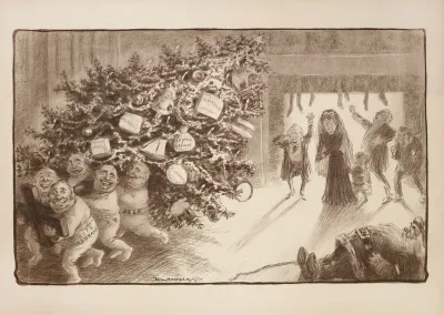 Several Figures Representing Trusts Beef Rail Road And Life Insurance Tied Up Santa And Are Stealing A Familys Christmas Tree And All Of Their Presents