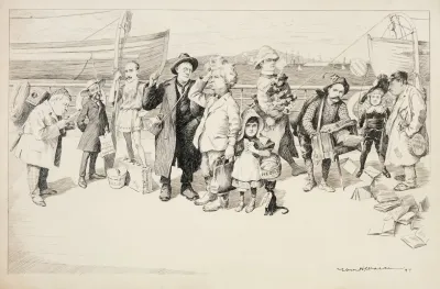 Several Historical Figures Standing On A Dock Including Mark Twain Joel Chandler Harris And Frances Hodgson Burkett