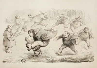 Several Large Men Run In A Circle And Jump Over A Small Man Representing The Public Oppressing Him