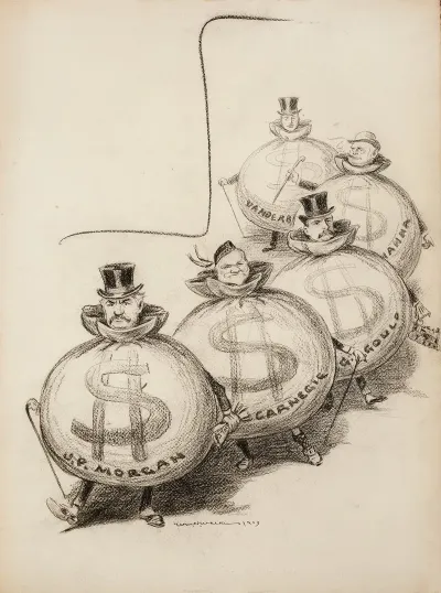 Several Men Depicted As Fat Bags Of Money J P Morgan Andrew Carnegie G Gould Hanna And Vanderbilt