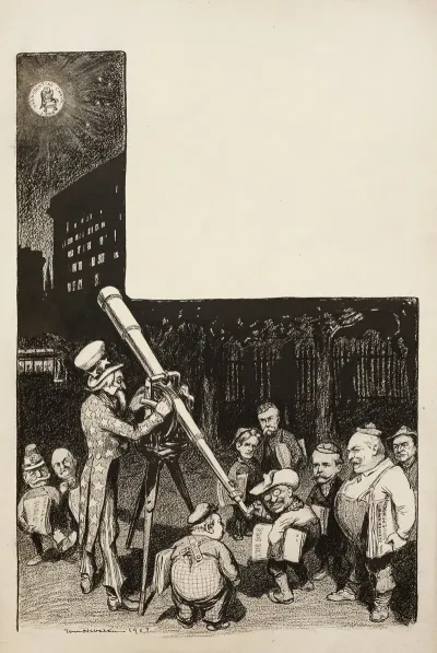 Several Men Line Up To See Through A Telescope Run By Uncle Sam To Look At The Moon Which Has On It The Presidential Chair