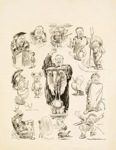 Several Portraits Of Theodore Roosevelt In Different Professions In The Center Portrait He Is Speaking At A Podium