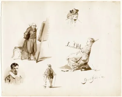 Several Separate Scenes Man Looking At An Easel Girl With Board Game