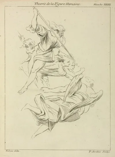 Several Winged Figures In Flight And A Figure With A Spear