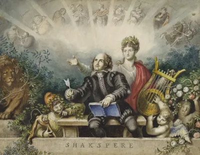Shakespere Portrait Surrounded By A Muse Clown Lion Cupids And Various Characters From His Plays