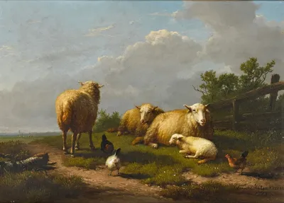 Sheep And Chicken In A Landscape