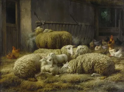 Sheep And Chickens In A Barn