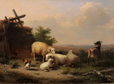 Sheep Goat And Poultry By A Shelter In A Hilly Landscape