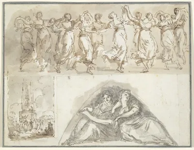 Sheet Of Sketches Frieze Of Dancing Women Dancing Women At The Foot Of An Obelisk And Two Seated Female Figures In A Pendentive