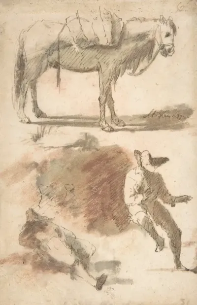 Sheet Of Studies A Horse Above A Seated Man And A Reclining Man Below