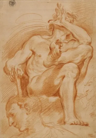 Sheet Of Studies A Seated Nude Man A Youthful Head And A Caricature Head Of A Man Playing A Pipe