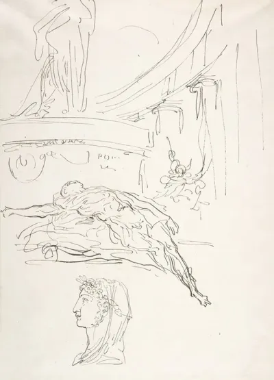 Sheet Of Studies Including A Roman Head A Male Figure On A Pyre And A Colonnade