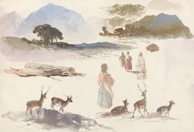 Sheet Of Studies Of Deer Figures And Landscape