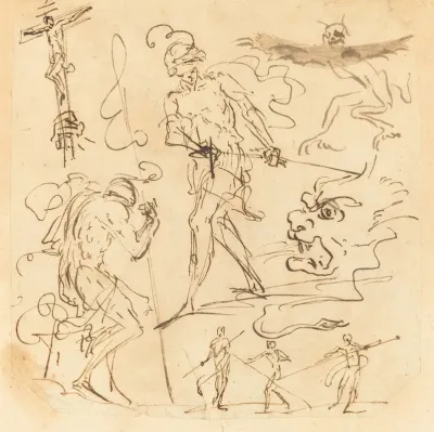 Sheet Of Studies With A Soldier Drawing A Sword A Crucifix Monstrous Animals And Other Figures