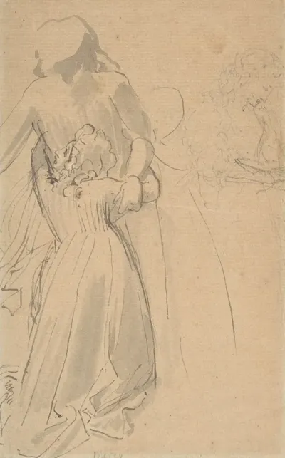Sheet Of Studies With Female Figure Kneeling And Embracing Standing Figure