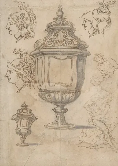 Sheet With Sketches And Designs For Two Vases Three Classical Heads En Profil And Two Slave Figures