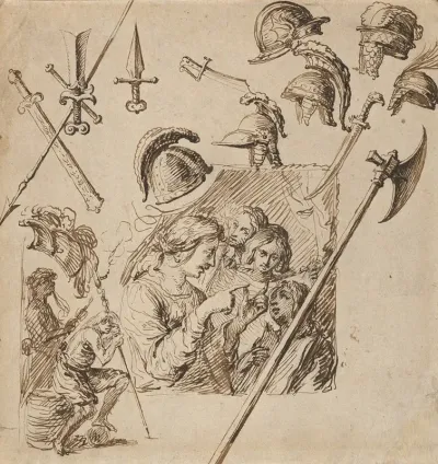 Sheet With Two Figural Compositions And Studies Of Helmets And Arms Ca