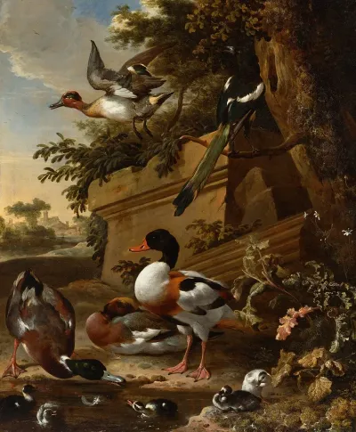 Sheldrake Ducks And Ducklings With A Magpie In A Garden A Village Beyond