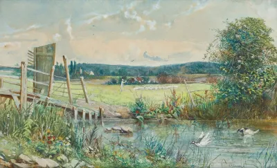 Shepherd And His Flock In A River Meadow