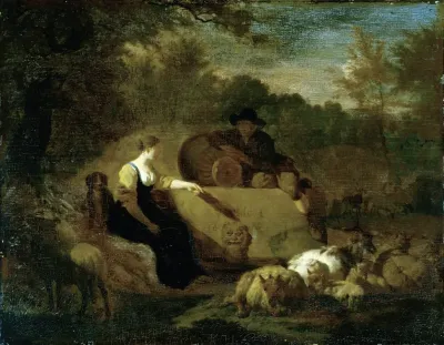 Shepherd And Shepherdess With Their Flock At A Well