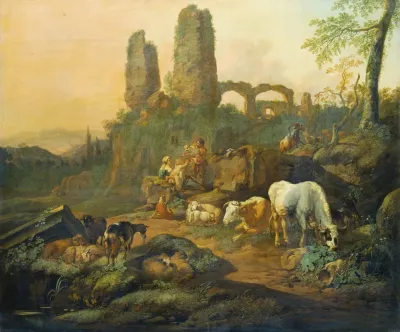 Shepherd Family Resting Near An Ancient Ruin