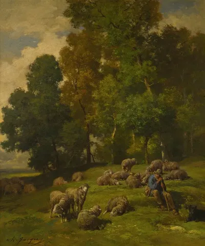 Shepherd In A Field With His Flock