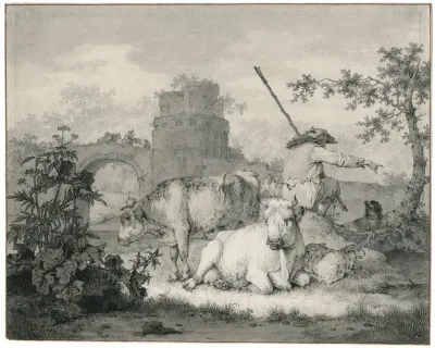 Shepherd With Cattle In Front Of Ruins