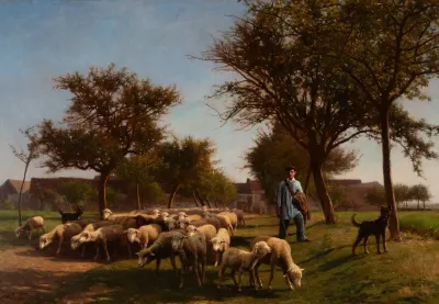 Shepherd With Dogs Tending His Flock