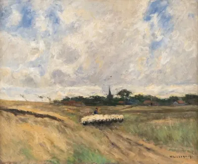 Shepherd With Flock In Stormy Landscape