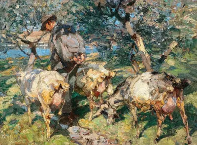 Shepherd With Goats On The Way To The Water