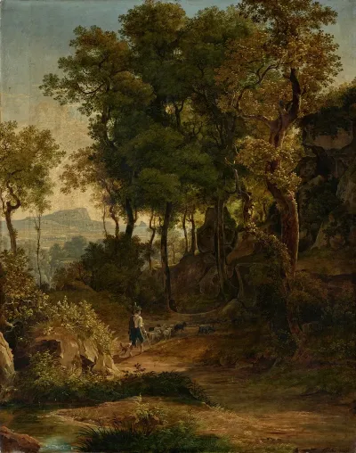 Shepherd With His Flock On A Wooded Path