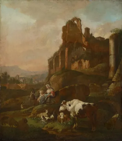 Shepherdess And Flock In Front Of Antique Ruins