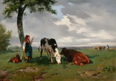 Shepherdess And Two Cows In A Meadow