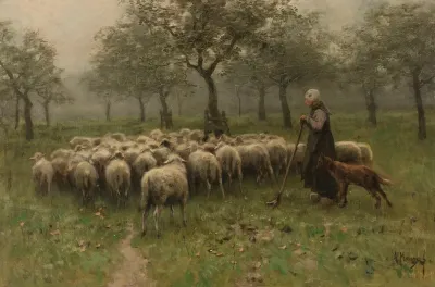 Shepherdess With A Flock Of Sheep