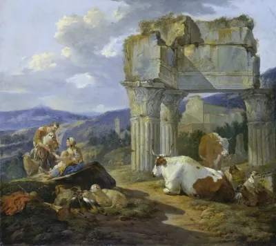 Shepherds Family At The Ruins Of The Temple Of Vespasian