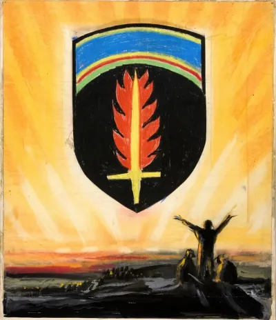 Shield With Flaming Sword On Golden Sky Background In Foreground Group Of Figures