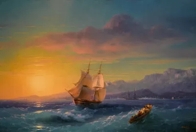 Ship At Sunset Off Cap Martin